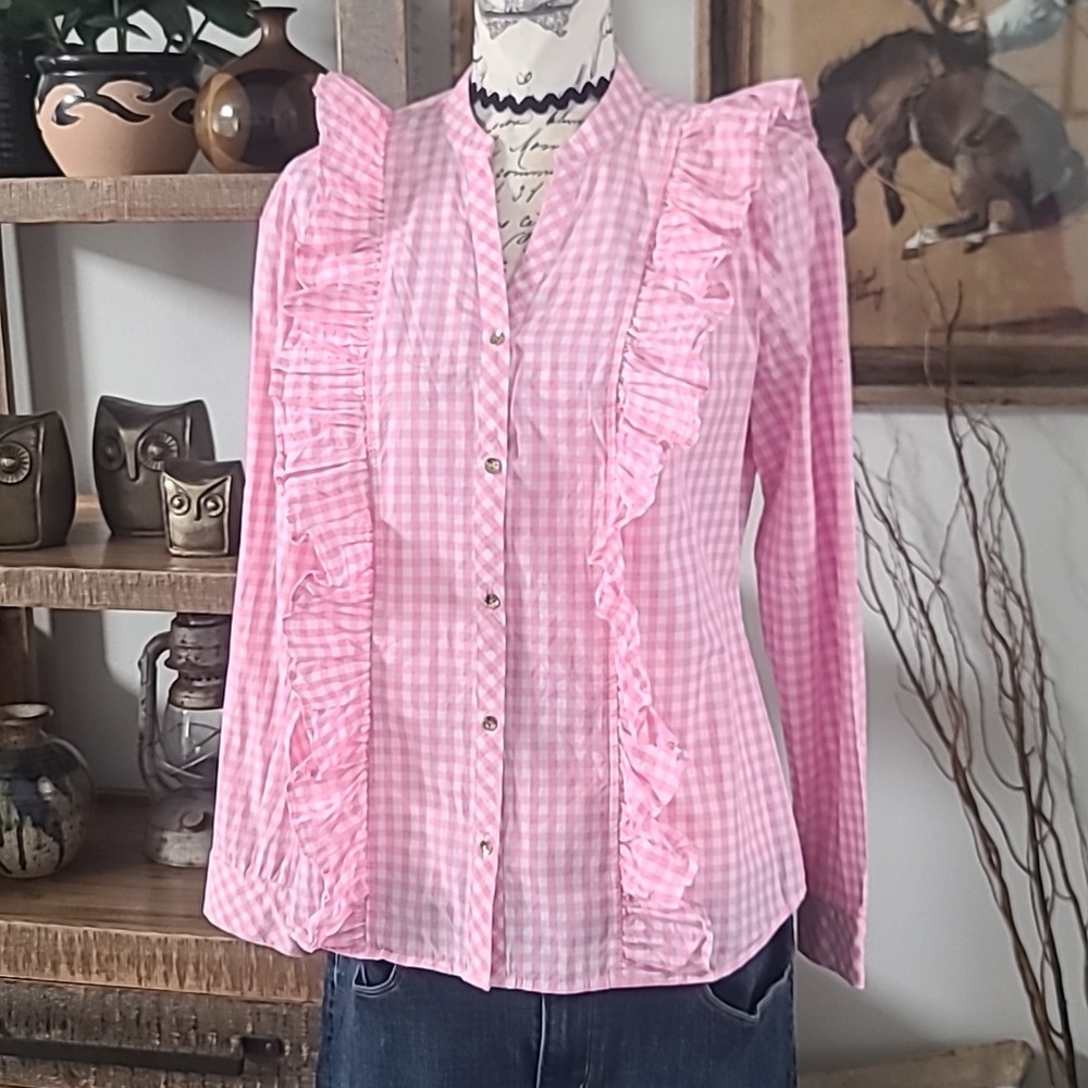 Charter Club Pink Ruffle-Trim Gingham Button-Up Top - Picture 2 of 8